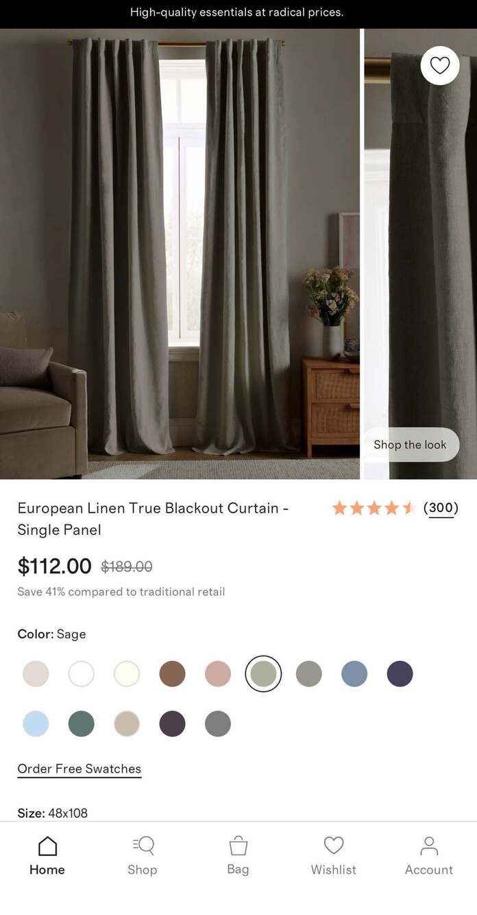 Quince European Linen True Blackout Curtain 48 in x 108 in Sage green heather